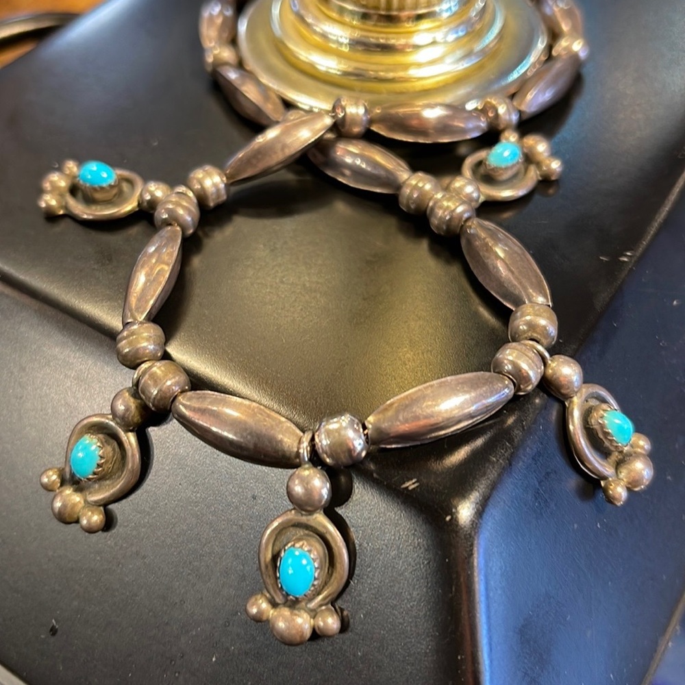 Unusual Vintage Sterling and Turquoise short Lotus Blossom Necklace